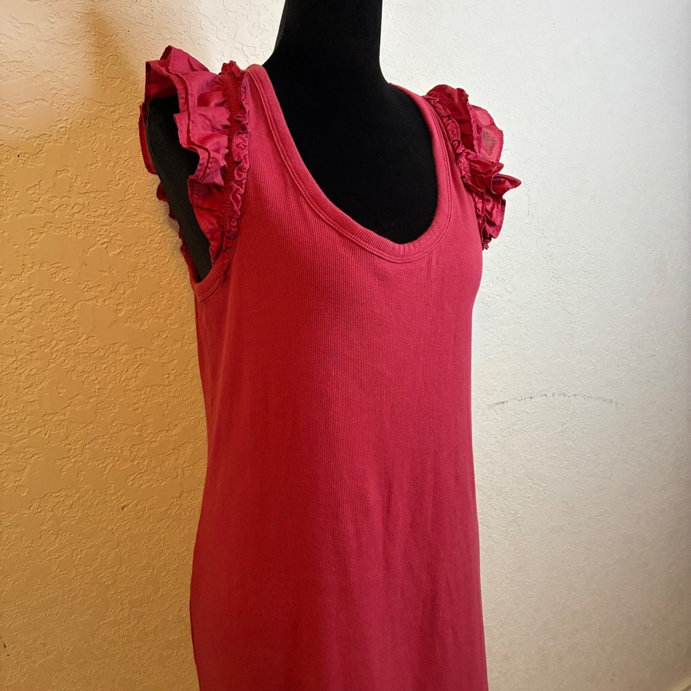 The Nines by Hatch Magenta Ribbed Ruffle Cap Sleeve Scoop Neck Midi Dress Large